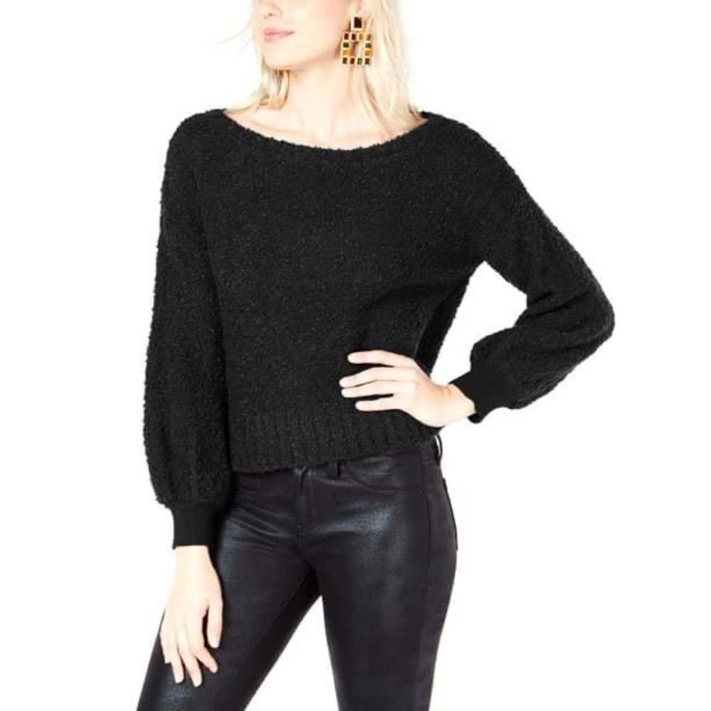 Bar III Bishop Sleeve Texted Sweater Black